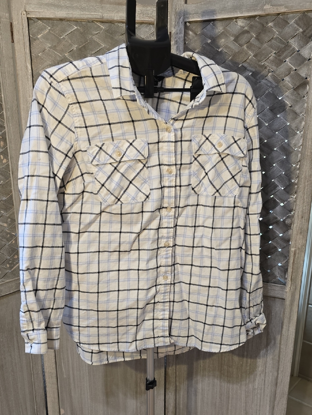 Eddie Bauer White Plaid Button-Down Shirt with Navy Grid